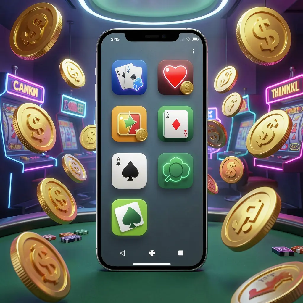 Realistic 3D render of a modern phone displaying the BC 88 Android casino app with app icons, surrounded by golden coins and slot symbols floating in a neon casino atmosphere