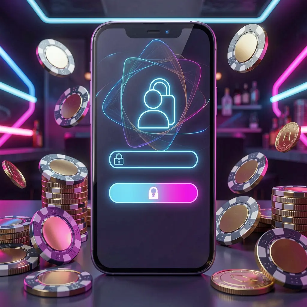 BC 88 mobile gaming login page concept on smartphone with abstract login interface featuring user and lock icons, surrounded by casino chips and coins under luxury neon lighting