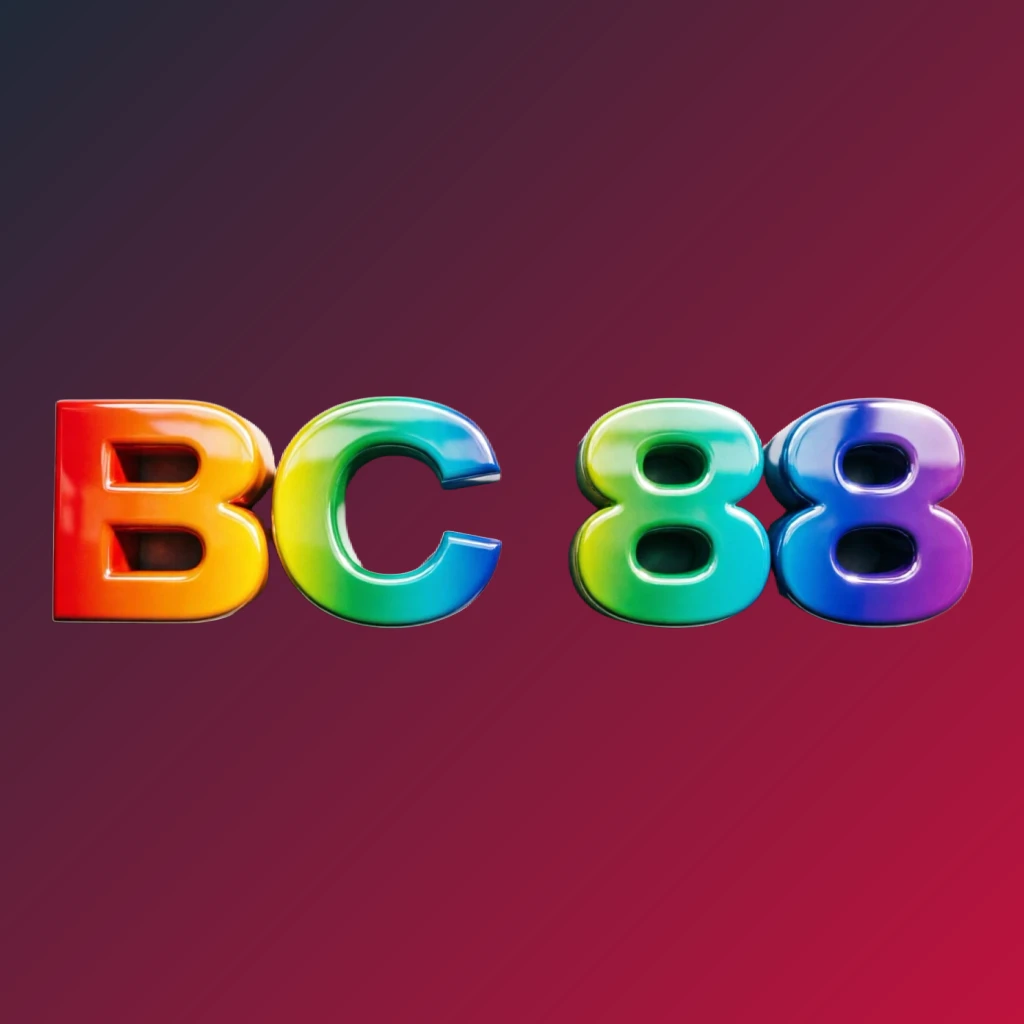 Eye-catching 3D BC 88 logo with oversized bold font in a colorful rainbow gradient and glossy plastic texture, featuring strong shadows and highlights on a transparent background, designed as a wide horizontal rectangular wordmark for website header